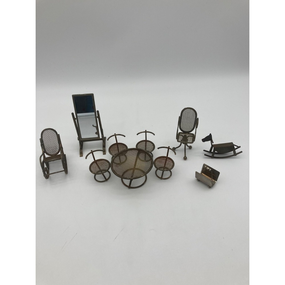Vintage Miniature Metal Dollhouse Furniture Lot Table Chairs Mirror Rocker